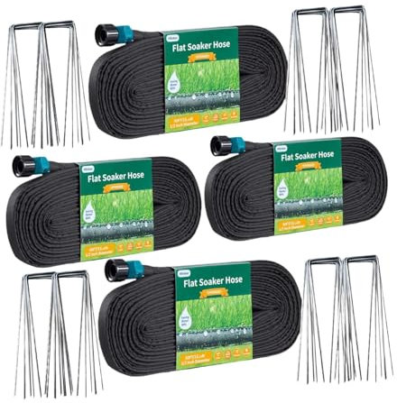 Milageto Flacher Tropfschlauch 200ft 50ftx4 verknüpfbarer Tropfschlauch Premium spart 90% Wasser Wasserschlauch mit Löchern mit Pfählen für den Garten