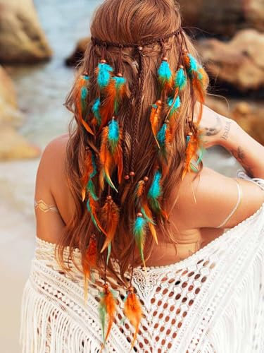 Reaky Feder Stirnband Boho Kopfschmuck Indisch Blau Feder Stirnbänder Karneval Haarschmuck für Frauen