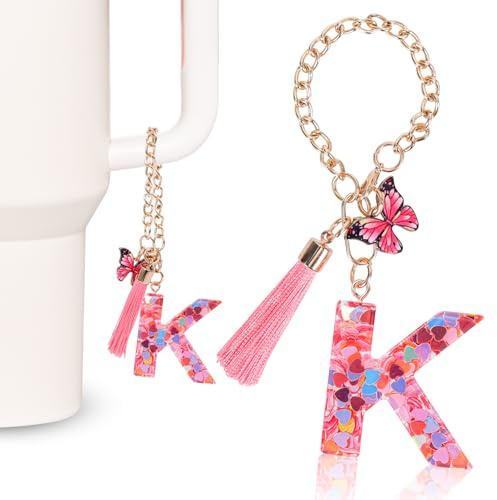 MWOOT Pink Initial letter Keychains for Women, Stanley Cup Charms, Cute Initial Keychain Handle Charm for Stanley Tumbler, K