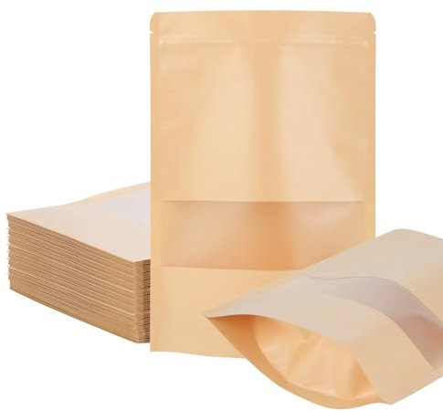 50 bolsas de papel kraft con ventana - Bolsas de papelkraft con cierre reutilizable 18 x 26 cm - Papel kraft - Para frutos secos, dulces, hojas de té - Ideal para pequeñas empresas, hogares (marrón)