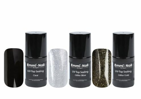 Emmi Nail UV/LED-Top Sealing 3er Set | Versiegelungsgel für Gelnägel mit Hochglanz | Top Coat Gel UV ohne Schwitzschicht | Kratzfest & langanhaltend | Gold, Silber & Clear | 3x14ml