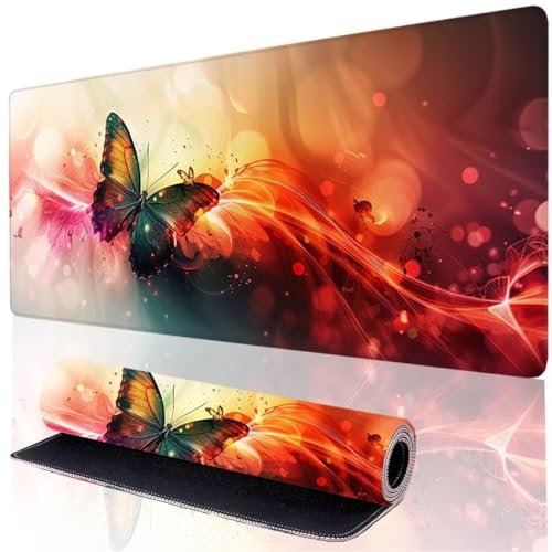 Mauspad Schmetterling Gaming Mousepad XXL 600x400x3mm, Wasserdicht Schreibtischunterlage Rot, Verbessert Präzision und Geschwindigkeit, Genähten Kanten Desk Mat für PC Gaming Schreibtisch Deko K3-0
