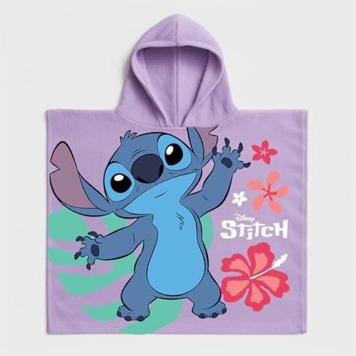 Disney Stitch Hooded Poncho Beach Towel Bath Kids Purple 50 x 115 cm approx 100% Cotton