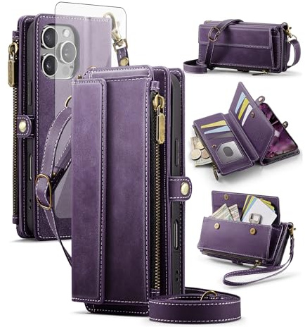 Phone Case for iPhone 16 Pro Max 6.9 inch Zipper Wallet Cover with Screen Protector Crossbody Lanyard Strap Flip RFID Blocking Card Holder i Phone16 16Pro i16 ProMax 16ProMax Women Girls Dark Purple