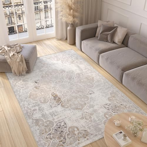 TAPISO Valley Teppich Kurzflor Weiß Grau Vintage Blumen 150 x 220 cm | Used Effekt Meliert Verwischt Wohnzimmer Schlafzimmer OEKO-TEX