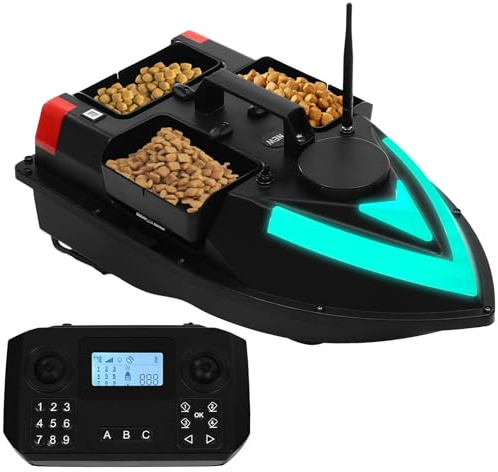 KLOOLIVE Bateau à appâts télécommandés de 500 m, 3 boîtes à appâts, bateau à appâts de pêche de 1 m/s, bateau avec positionnement GPS et lumière LED, bateau à appât de nuit avec chargeur, câble USB et