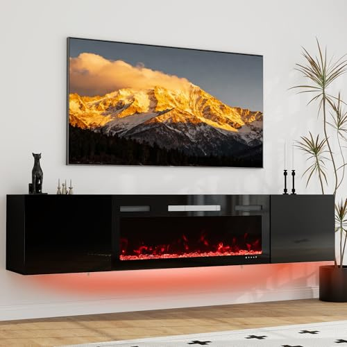 Winlice Meuble TV Murale avec Cheminée Électrique Intégrée 178cm à Effets Lumineux, Panneau UV Haute Brillance avec 12 Effets LED & Rangements,Noir