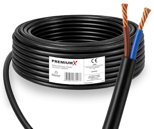 PremiumX Schlauchleitung H05VV-F 2x2,5 mm² - Flexible PVC Anschlussleitung für Elektroanschlüsse im Innenbereich - 25 Meter