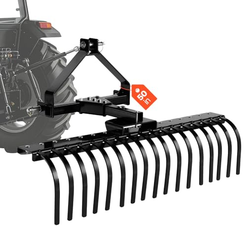 VEVOR Râteau Paysager Tracté 127 cm Râteau Déchaumeur Remorquable 3 Points pour Tracteurs Catégorie 1 Éliminer Chaume, Herbe Morte, Branches, Aérer Pelouse Gazon, Angle Réglable, 17 Dents en Acier