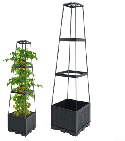 Minhe Cama de jardín elevada ajustable con entrada de agua lateral y depósito de agua para riego automático, diseñada para plantas de tomate, para verduras trepadoras, flores (4 ovillos de grano de