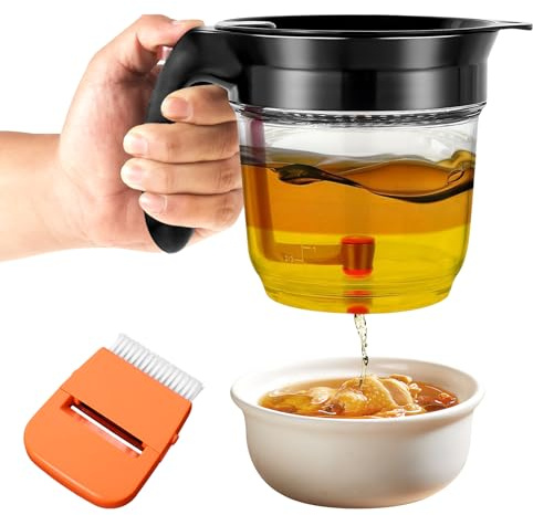 Fat Separator with Bottom Release, 1L Gravy Grease Strainer, Degreasing Cup for Filtering Residues, Kitchen Tools with Multifunctional Vegetable Peeler for Cooking Healthier