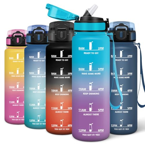 Motswedi Gourde 1l, Réutilisable Gourde Sport, Bouteille Sport, avec Motivation et Marqueur de Temps, Paille Bouteille pour la Remise en Forme, la Salle de Sport et la Randonnée, Bleu & Lila