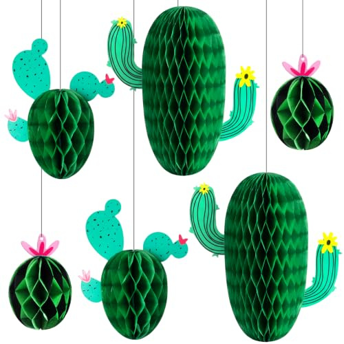 Cheynn 6 Stück Sommer Party Dekorationen Wabenform, Mexikanische Kaktus Deko Große Papier Fächer Pompons Wiederverwendbare Kakteen Sommerparty Deko für Geburtstag Klassenzimmer Festival Mexiko Party