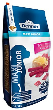 Dehner Premium Hundefutter Maxi Junior, Trockenfutter getreidefrei, für Welpen und junge Hunde großer Rassen, Ente / Lamm / Kartoffel, 12.5 kg