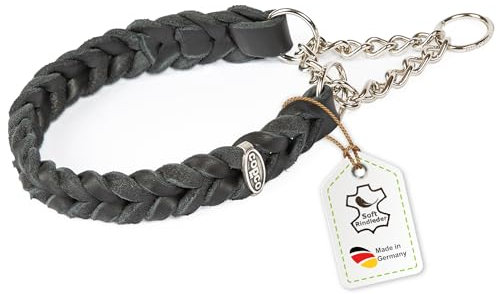 CopcoPet Fettleder Halsband 60–65cm x 25mm Schwarz – Geflochten mit Zugstopp-Kette – Robust & weich – Verchromte Kette – Lederhalsband für große Hunde, Training & Alltag