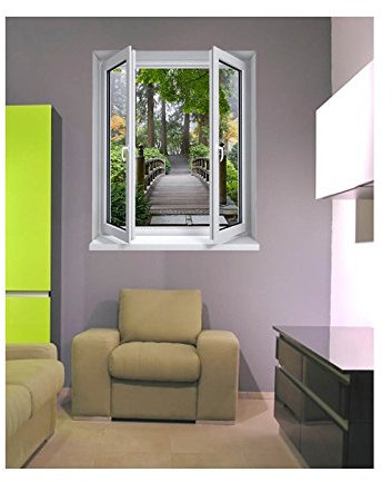 Stickers trompe l'oeil fenêtre Pont en foret - L 100cm x H 120cm