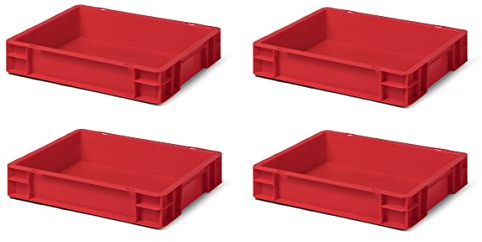 1a-TopStore 4 Stk. Transport-Stapelkasten TK475-0, rot, 400x300x75 mm (LxBxH), aus PP, Volumen: 6 Liter, Traglast: 25 kg, lebensmittelecht, made in Germany, Industriequalität