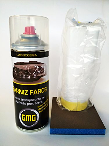 Barniz Reparador de Faros GMG + Rollo con cinta 34cm + 2 Esponjas de lija Fina y Superfina