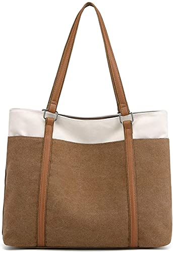 JANSBEN Damen Handtasche Schultertasche Canvas Casual Groß Tasche Shopper Elegant für Büro Schule Arbeit (Khaki)