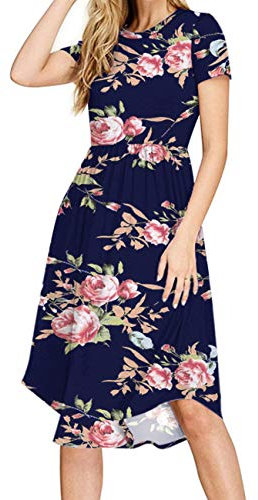 PCEAIIH Women Short Sleeve Polka Dot Casual Pockets Swing Pleated T-Shirt Midi Dress Knee Length (S, Rose Navy)