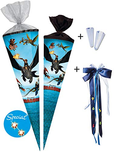 Nestler Schultüten-Set zum Befüllen, Handgemachte Zuckertüte aus Karton - Motiv Drachenzähmen leicht gemacht, Spitzenschutz, Schleife (70 cm rund mit LED)