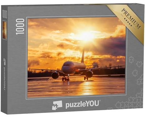 puzzleYOU: Puzzle 1000 Teile „Flugzeug auf der Landebahn im glühenden Sonnenuntergang“ – aus der Puzzle-Kollektion Flughafen, Flugzeuge