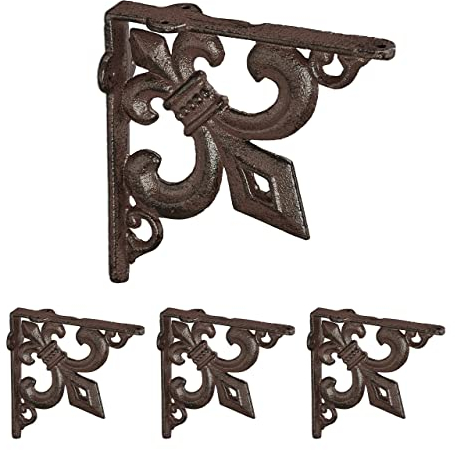 4 x Regalwinkel antik, Regalträger Gusseisen, Lilien Ornament, Vintage Wandwinkel für Regalboden, Regalkonsole, braun