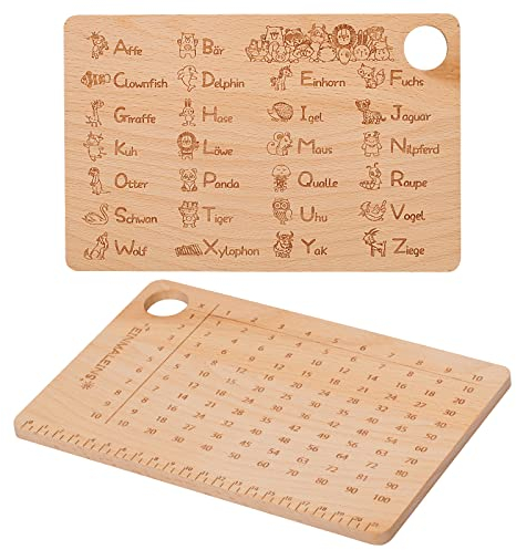 LOOPES Frühstücksbrettchen Kinder ABC und 1x1 Frühstücksbrett Schulanfang Geschenke Schulkind Einschulung Geschenk Holzbrettchen zum Lernen Schulanfang Geschenke für Mädchen Jungen Schuleinführung
