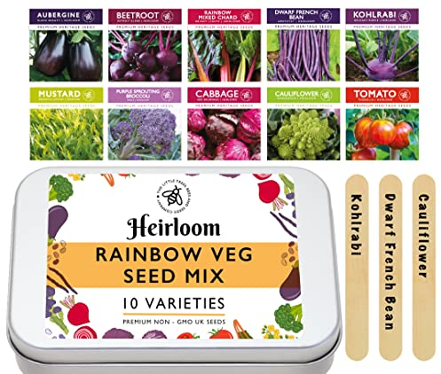 Rainbow Vegetable Seeds for Gardening, 10 Easy Sow Seed Varieties, 10 Plant Markers & Growing Guide - Gifts for Adults & Kids,Little Trees Bees & Seeds Co