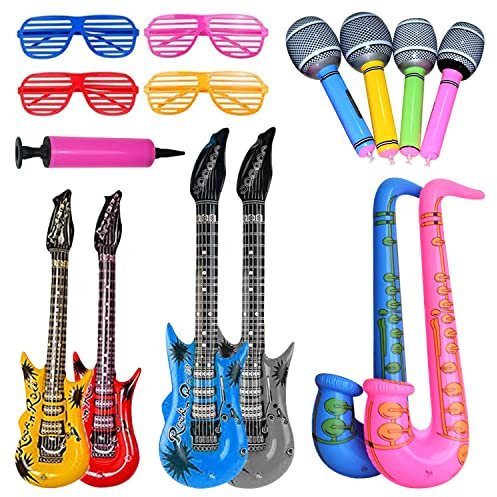 FAIHTS 15PCS Inflatable Rock Star Toy Set Inflatables Saxophone Guitar Microphone Inflatable Neon Color Sunglasses Instruments Party Props with Balloon Pump for Party Decoration Prop Random Color