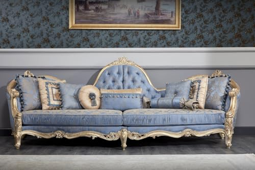 Casa Padrino Luxus Barock Chesterfield Sofa Hellblau/Antik Gold 300 x 90 x H. 119 cm - Prunkvolles Barock Wohnzimmer Sofa - Barockmöbel