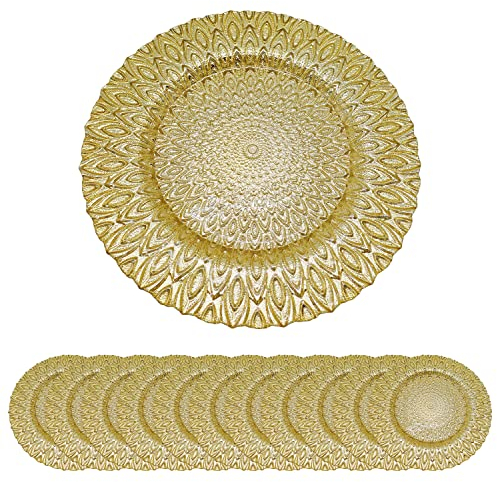 Trimming Shop 33cm Glass Charger Plates with Gold Rim – Elegant Gold Trim Charger Plate for Banquets, Weddings, Parties & Dining Event Decorations - Decorative Pack of 12