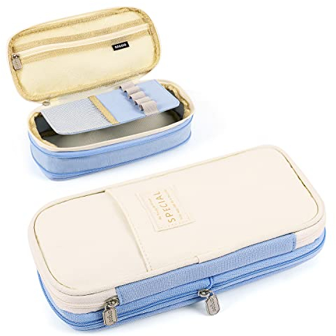 MAMUNU Mäppchen Mädchen Teenager, Federmäppchen Groß Kapazität, Schlamppermäppchen, Federtasche Mädchen, Pencil Case Aesthetic, Mäppchen Reißverschluss für Schule & Büro (Blue Beige)