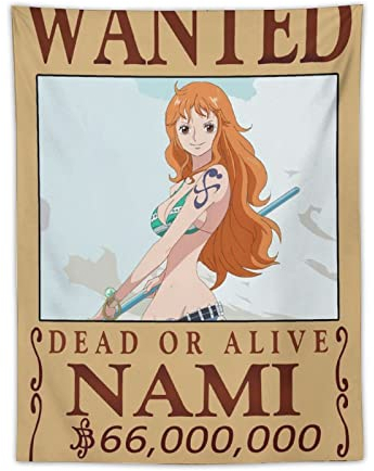 NANXIANG Anime One Piece Wanted Poster Nami Wandteppich Zimmer Ästhetisches Polyester Malerei Schlafzimmer Wandteppiche Wohnzimmer Wände Dekorativ 76,2 x 101,6 cm