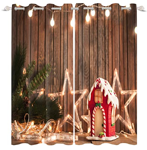 loyaltyer Gardinen Weihnachten Rotes Haus Vorhang 3D Weicher Blickdichte Vorhänge Thermovorhang Kälteschutz Schlaufenschal 2er Set mit Ösen für Schlafzimmer Wohnzimmer Kinderzimmer, 245x140 cm(HxB)