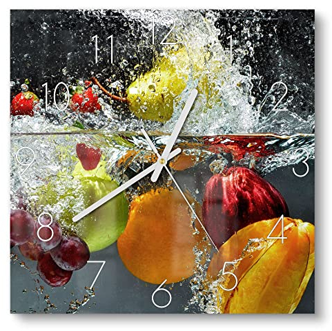 DEQORI Glasuhr | 30x30 cm | Motiv Gemischtes Obst im Wasser | ausgefallene leise Design Uhr aus Glas | Wanduhr für Wohnzimmer & Küche | moderne Hingucker Uhr für die Wand