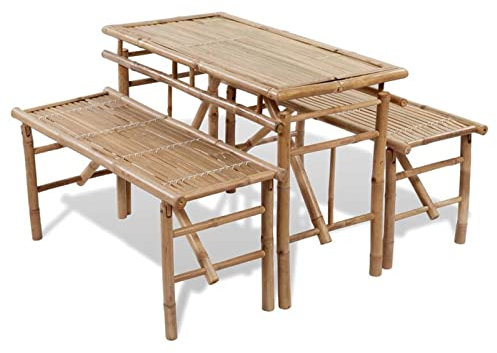 ZHOUMIN Biertisch mit 2 Bänken, Bierzeltgarnitur, Camping Tisch Stuhl Set, Gartenmöbel Set, 100 cm Bambus