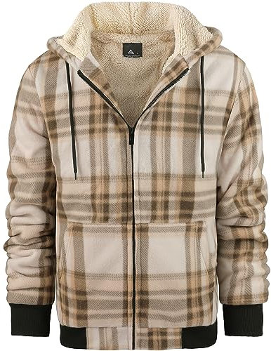 onedog Uomo Felpa con Cappuccio a Scacchi in Pile con Zip Intera Felpa con Cappuccio Uomo Maniche Lunghe in Pile con Cappuccio Giacca Autunno e Inverno Giacca Calda con Ispessimento(Khaki XL)