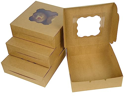 KEYIDO 8 inch Cookie Boxes with Clear Windows, 8x8x2.5 inch Bakery Box, 15 Pack Kraft Gift Packaging Boxes for Donuts Desserts Biscuits Muffins Pies Cakes Party Favours