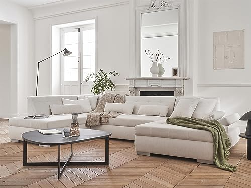 Lisa Design - Canapé Panoramique d'angle Convertible - Angle Gauche - Vermont en Tissu - Canapé Lit - Grand Sofa XXL Beige 7 Places - Salon