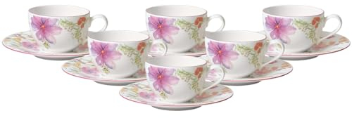 Villeroy & Boch Mariefleur Basic Kaffeetasse mit Untertasse, 250 ml, Kaffee-Set mit floralem Blumen-Dekor, Premium Porzellan, 6er Set