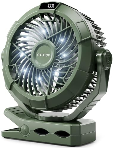 Gaiatop Camping Fan with Light, 4000mAh Portable Rechargeable Battery Powered Fan, 3 Speed Small Desk Fan, Clip on Fan with LED Digital Display, USB Fan with Hanging Hook for Outdoor, Bedroom