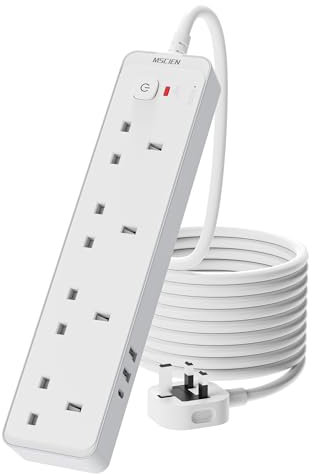 Mscien 5M Extension Lead with 3 USB Slots(3.4A, 1 USB C, 2 USB A), 4 Way Extension Socket with Switch Wall Mountable, Long Extension Lead Surge Protected, UK Power Strip 5 Meter Extension Cable 3250W