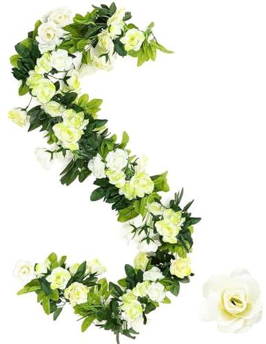 MytaYt 2 Stück Weiß Blumengirlande Rosen 2.4m Rose Girlande Gefälschte Hängende Blumengirlanden Seidenblumen Hängend Kunstblumen Für Hochzeitsbogen Garten Wand Home Dekoration