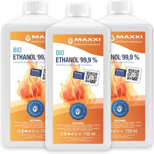 Maxxi Clean | 3X 750 ML de bioéthanol pour cheminées de Table | Fabriqué en Allemagne | Inodore et sans suie pour Les cheminées à éthanol intérieures et extérieures