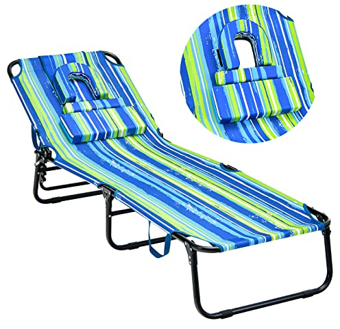 GIANTEX Sonnenliege Klappbar, Gartenliege mit Gesichtsöffnung, Kissen & 5-Fach Verstellbarer Rückenlehne, 63 x 194 x 37cm Liegestuhl für Garten, Balkon & Terrrasse, bis 160kg belastbar (Blau + Grün)
