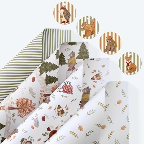 Cheerland Geschenkpapier mit Tiermotiven, Motiv: Wald, Babyparty, Geschenkpapier mit 20 Etiketten, 4 Designs, Fuchs, Eichhörnchen, Wald, verzaubertes Thema, Geschenkpapier für Kindergeburtstage und