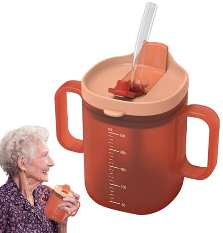 Umiocns Elderly Drinking Cup,Non Spill Cups for Elderly,Adult Sippy Cups for The Elderly Non Spill,300ml Water Bottle with Handles,Water Bottle,Feeding Cup,Drinking Cup with Lid and Straw for Elderly