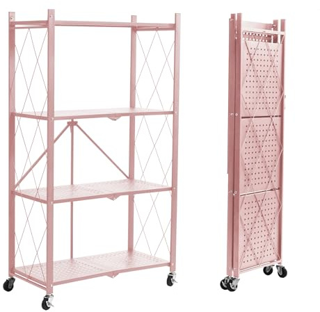BRIAN & DANY Klappbares Regal mit Rollen, 4 Etagen Faltbare Schwerlastregal, Metallregal Rosa, Lagerregal, Klappregal für die Küche, Büro, 71x 34x 126 cm