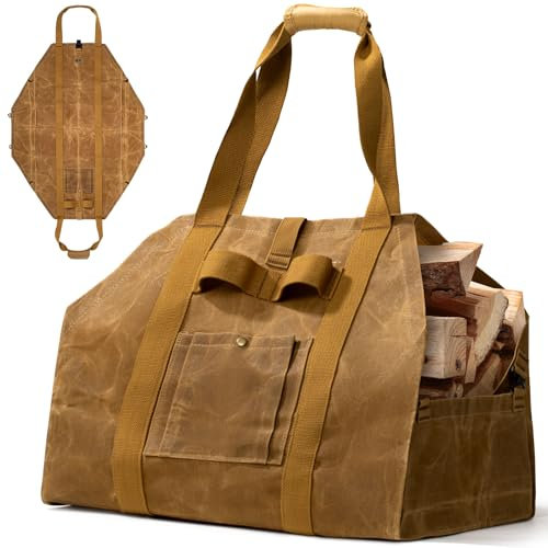 OneTigris Firewood Carrier, 2-in-1 Firewood Log Carrier Bag, Waxed Canvas Firewood Tote Carrier Extra Large Firewood Carriers with Handles for Fire Pit, Camping, Wood Stove, BBQ Barbecue